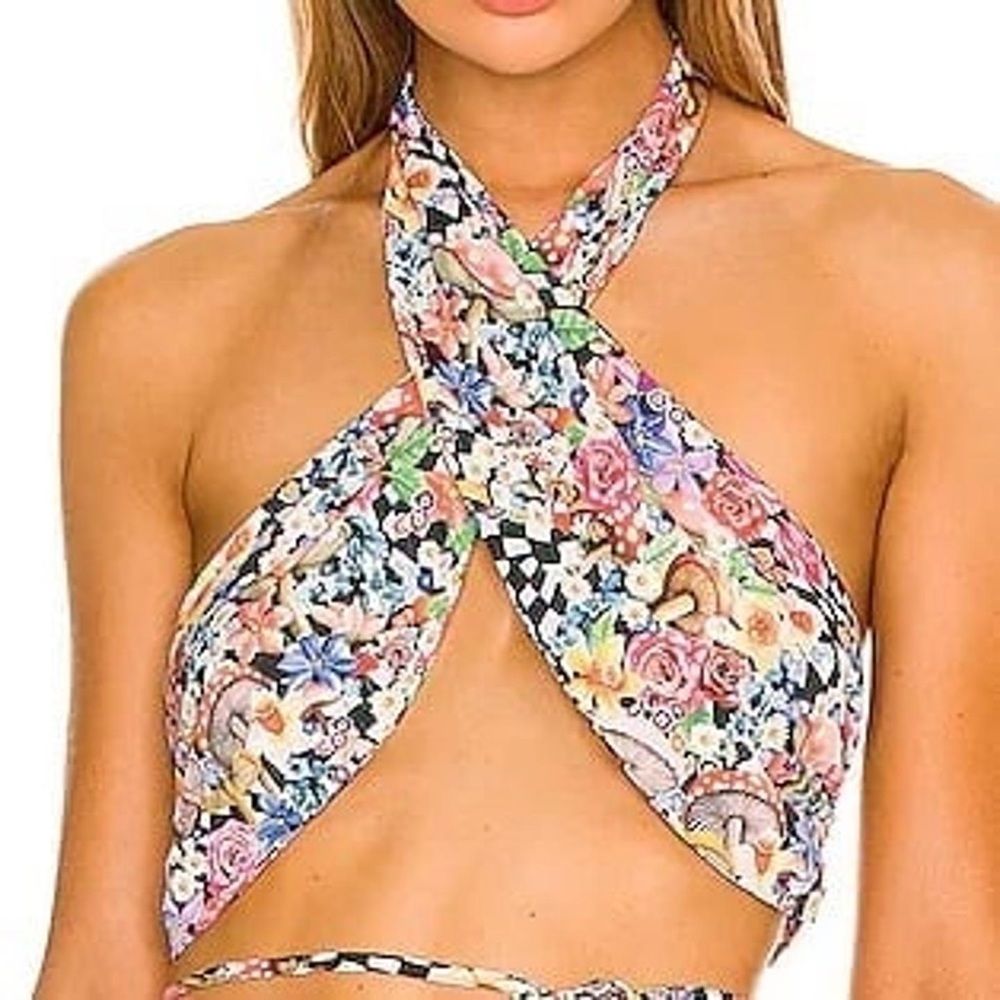 For Love & Lemons Small Top Diedra Halter‎ Scarf Top in Festival Mushroom Large
